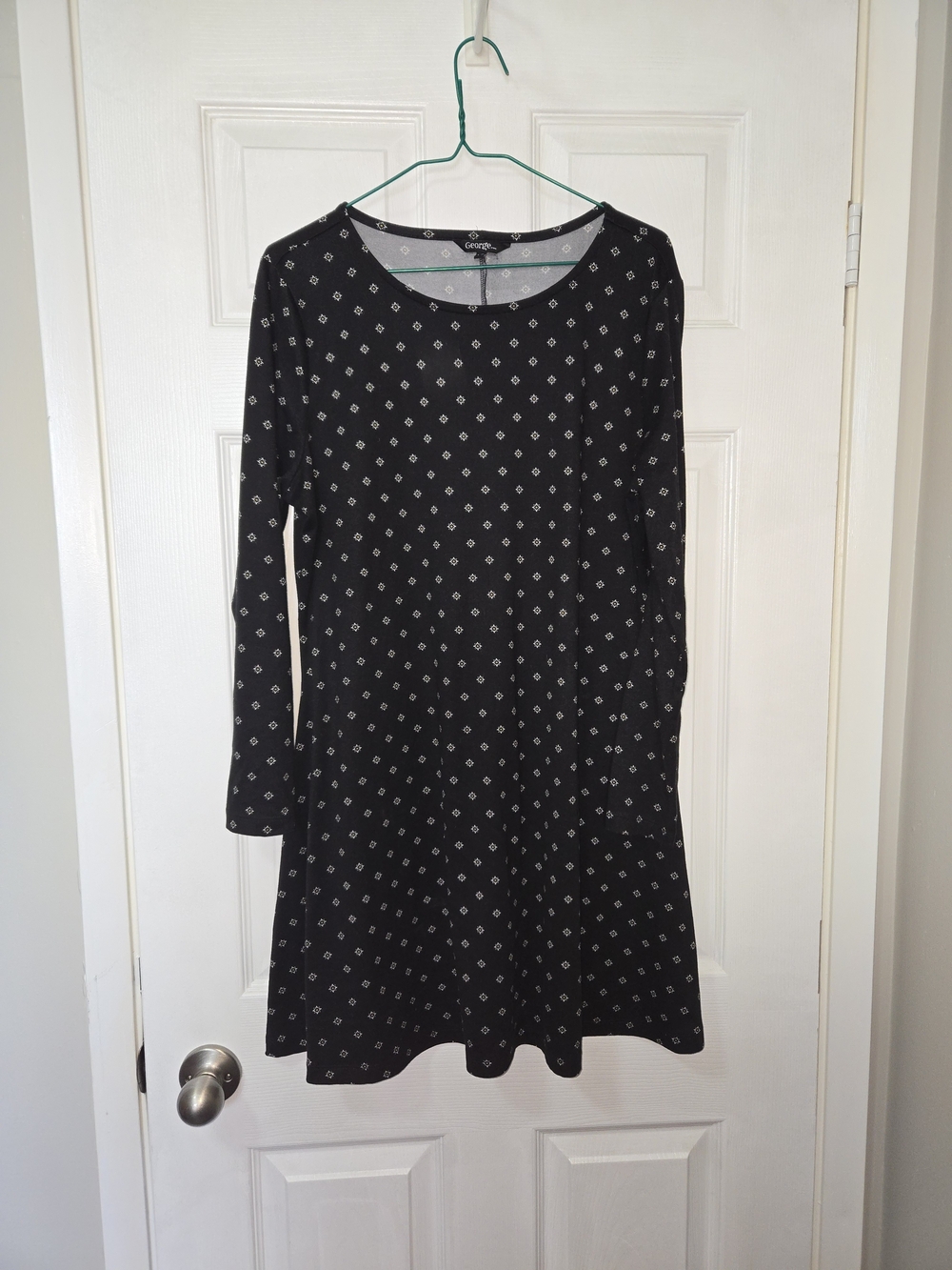 George Black Long-Sleeve A-Line Dress with White Diamond Print
